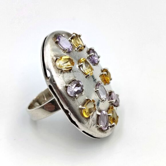 Sterling Silver 925 Amethyst Citrine Statement Oval Shield Shape Ring Sz 8 - Picture 1 of 16